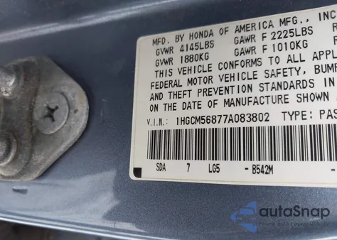 2007 Honda Accord 2.4 Ex из США, поврежденный, VIN 1HGCM56877A083802